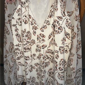 White House Black Market Ivory and Brown Patterned Blouse